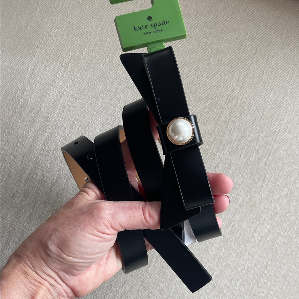 KATE SPADE | Black Leather Bow Belt | Pearl Accent | NWT  34-40"